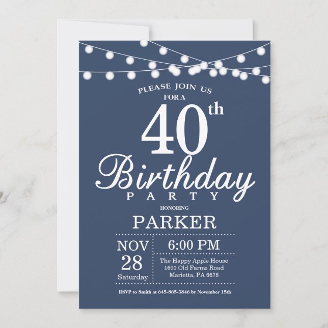 40th Birthday Invitation Blue (Front)