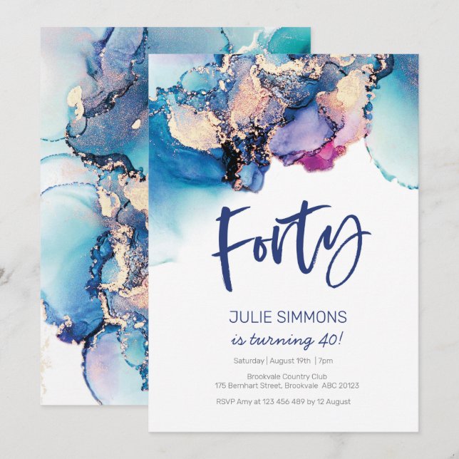 40th Birthday Invitation Blue Abstract Watercolor (Front/Back)