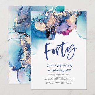 40th Birthday Invitation Blue Abstract Watercolor
