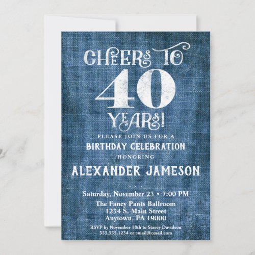 40th Birthday Invitation Blue Linen Rustic Cheers