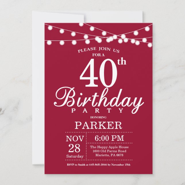 40th Birthday Invitation Burgundy Red (Front)