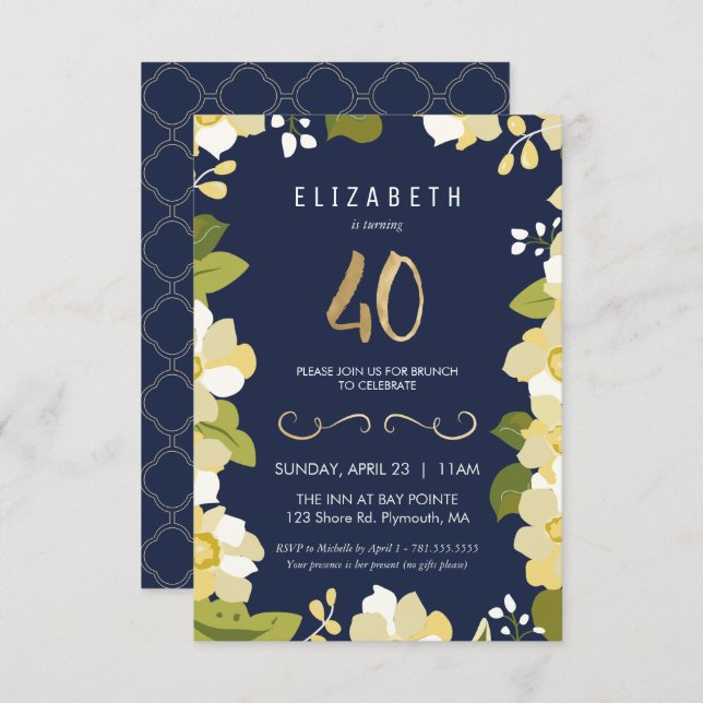 40th Birthday Invitation, Customize Floral w/ Gold Invitation (Front/Back)