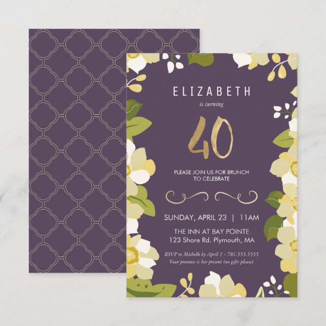 40th Birthday Invitation, Customize Floral w/ Gold Invitation (Front/Back)