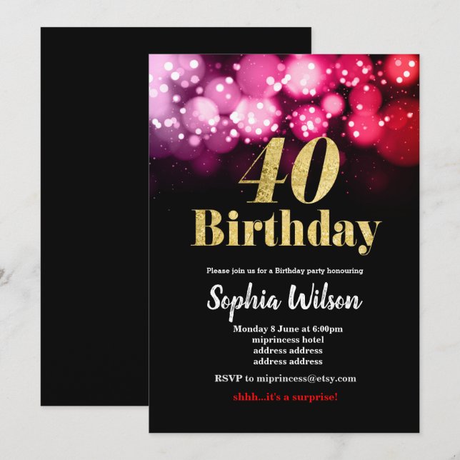 40th birthday invitation  elegant glitter pink red (Front/Back)