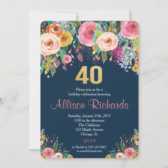 40th birthday invitation floral watercolor navy (Front)