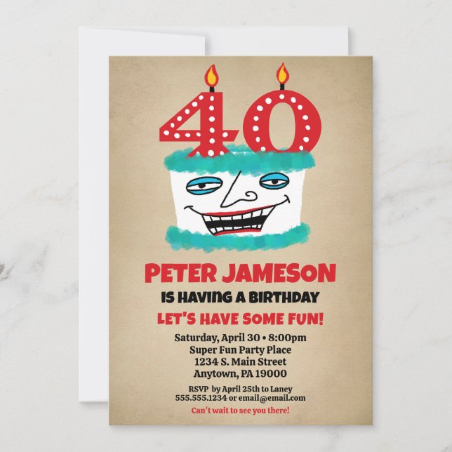 40th Birthday Invitation Funny Cake Casual Mens (Front)