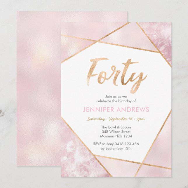 40th Birthday Invitation Geo pink and gold (Front/Back)