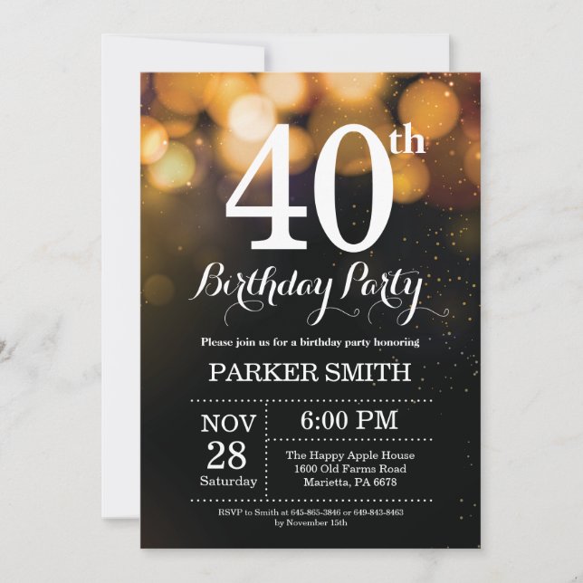 40th Birthday Invitation Gold Glitter (Front)