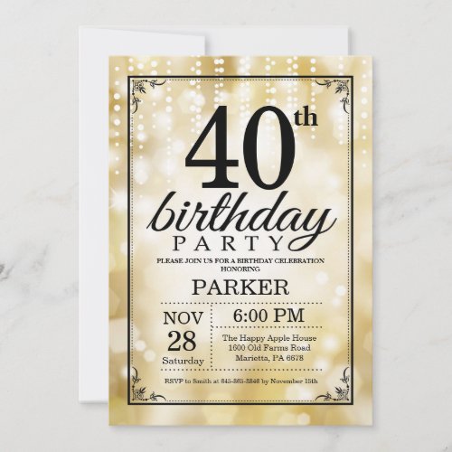 40th Birthday Invitation Gold Glitter