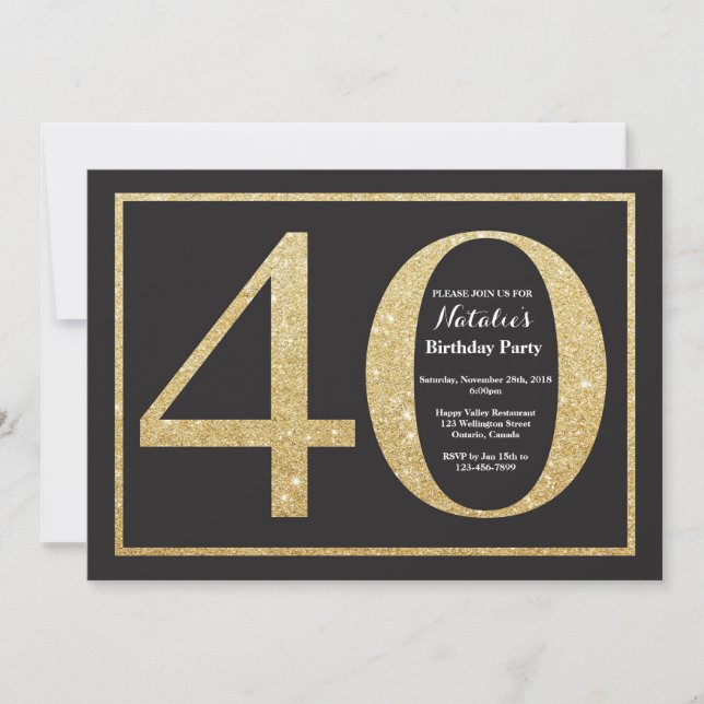 40th Birthday Invitation Gold Glitter Chalkboard (Front)