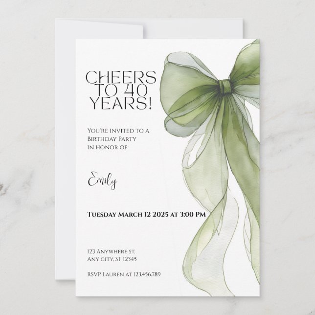 40th Birthday Invitation • Green Bow Milestone (Front)