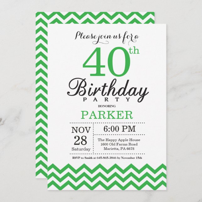 40th Birthday Invitation Green Chevron (Front/Back)