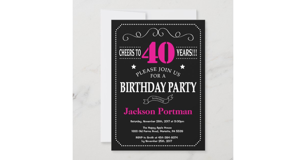 40th Birthday Invitation Hot Pink Black Chalkboard | Zazzle