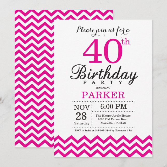 40th Birthday Invitation Hot Pink Chevron (Front/Back)