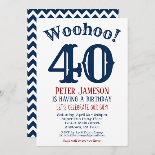40th Birthday Invitation Mens Navy Blue