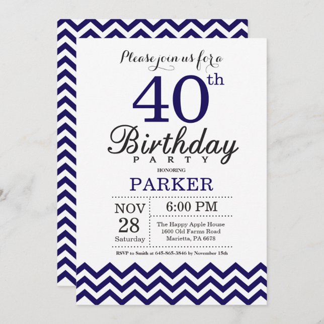 40th Birthday Invitation Navy Blue Chevron (Front/Back)