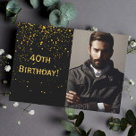 40th birthday invitation photo black for guys men<br><div class="desc">Black background with golden confetti. With the text: 40th Birthday! on front. Template for your photo.  A birthday party invitation for men.

Add your event details on back.</div>
