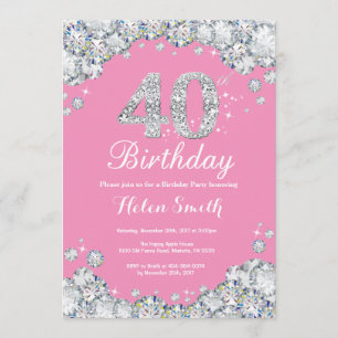 40th Birthday Invitation Pink and Silver Diamond