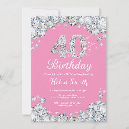 40th Birthday Invitation Pink and Silver Diamond