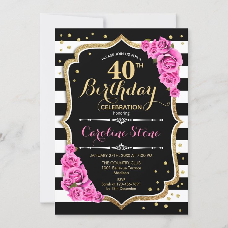 40th Birthday Invitation Pink Black White Stripes | Zazzle