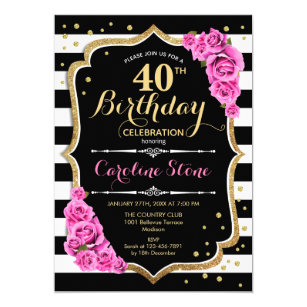 40th birthday invitation pink black white stripes pink and black invitations
