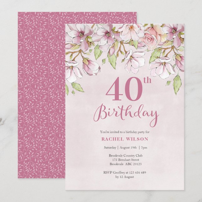 40th Birthday Invitation Pink Floral (Front/Back)