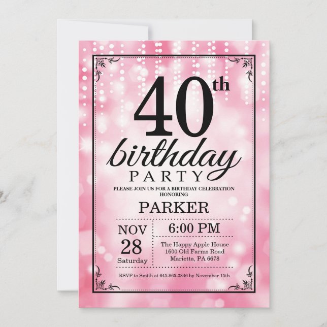 40th Birthday Invitation Pink Glitter (Front)