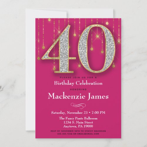 40th Birthday Invitation Pink Gold Diamonds Adult