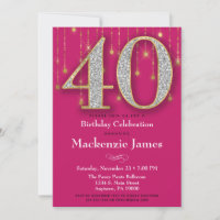 40th Birthday Invitation Pink Gold Diamonds Adult