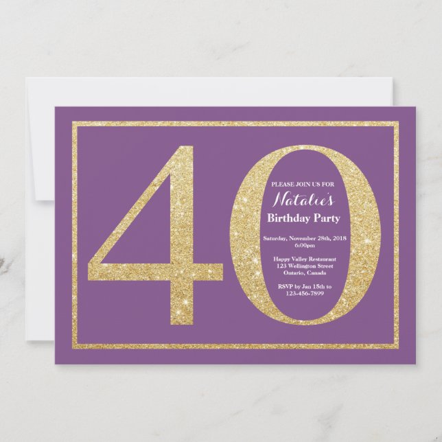 40th Birthday Invitation Purple and Gold Glitter (Front)