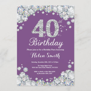 40th Birthday Invitation Purple and Silver Diamond