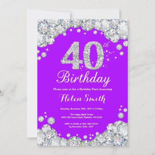 40th Birthday Invitation Purple and Silver Diamond