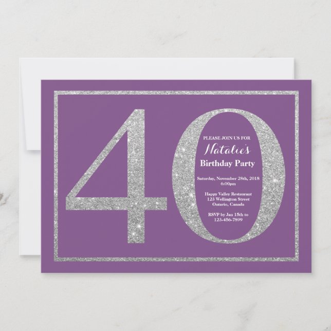 40th Birthday Invitation Purple and Silver Glitter (Front)