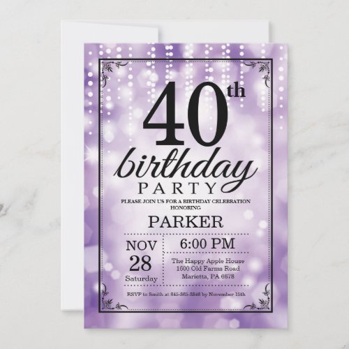 40th Birthday Invitation Purple Glitter