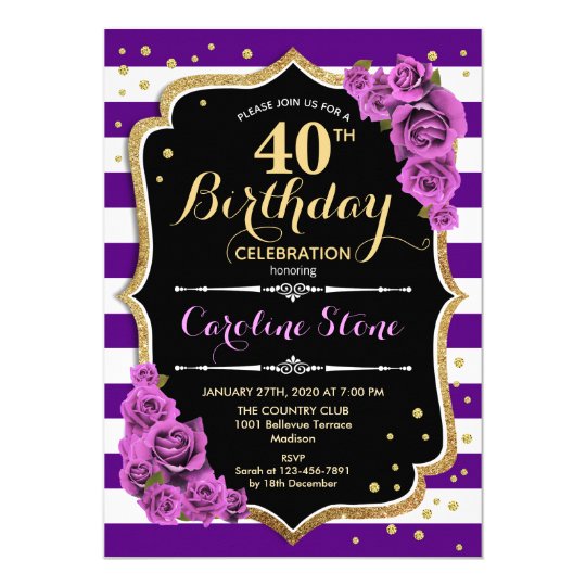 40th Birthday Invitation Purple Gold With Roses | Zazzle.com