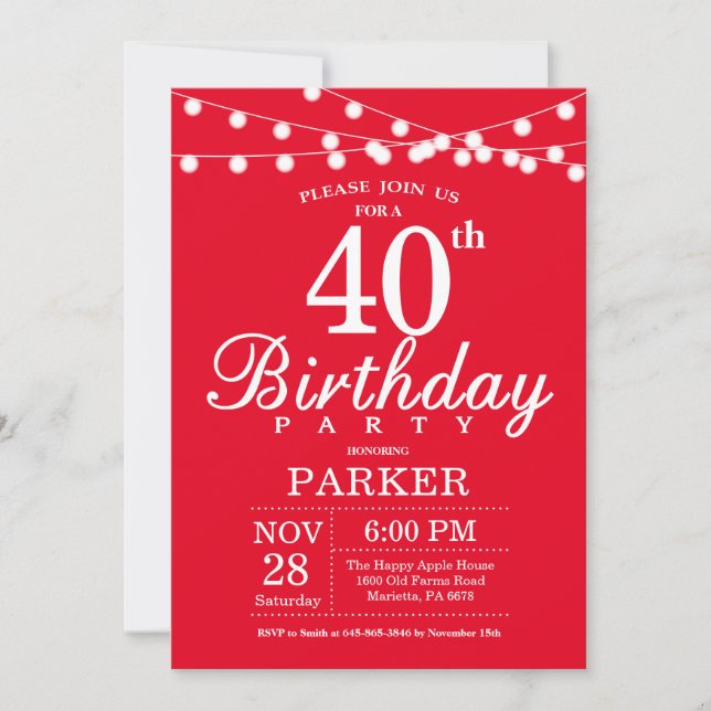 40th Birthday Invitation Red (Front)
