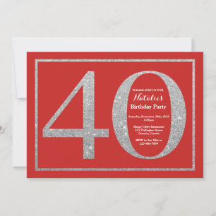40th Birthday Invitation Red and Silver Glitter