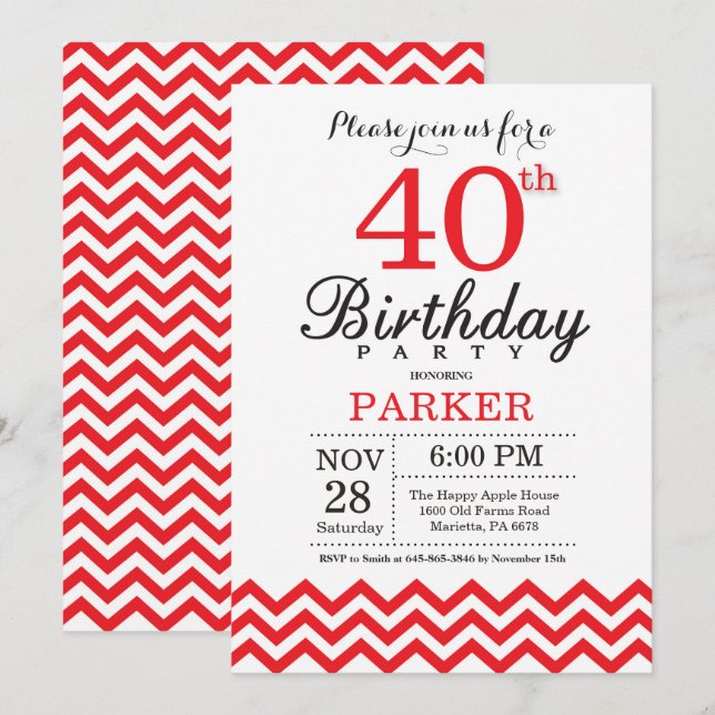 40th Birthday Invitation Red Chevron (Front/Back)