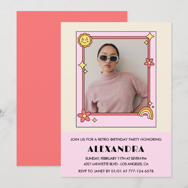 40th birthday invitation Retro Groovy Pink Flowers (Front/Back)