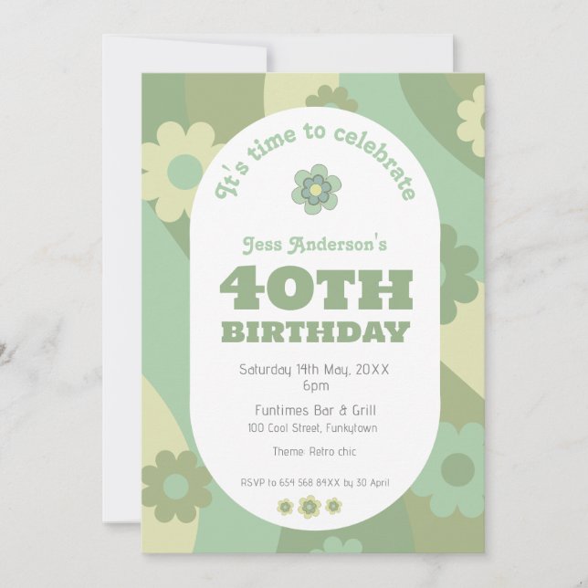 40th Birthday invitation, retro sage green Invitation (Front)