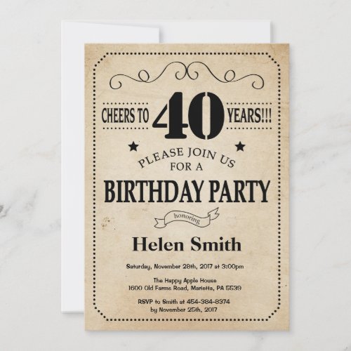 40th Birthday Invitation Rustic Vintage Retro