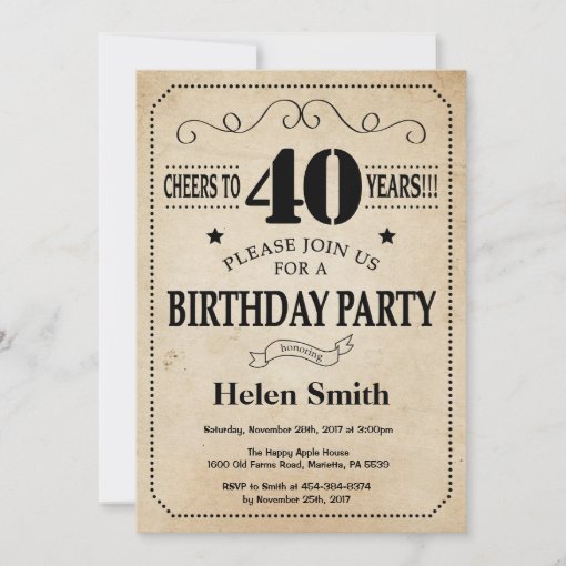 40th Birthday Invitation Rustic Vintage Retro | Zazzle