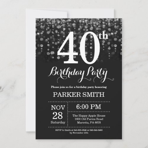 40th Birthday Invitation Silver Glitter