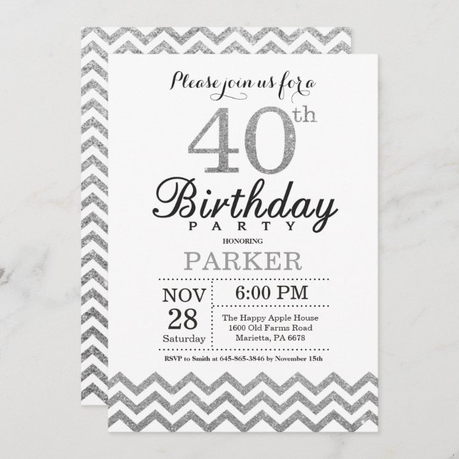 40th Birthday Invitation Silver Glitter (Front/Back)