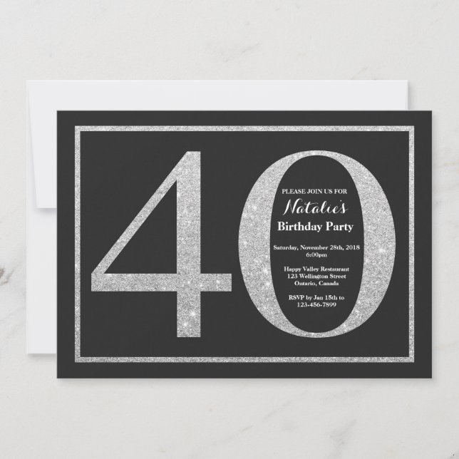 40th Birthday Invitation Silver Glitter Chalkboard (Front)