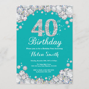 40th Birthday Invitation Teal and Silver Diamond