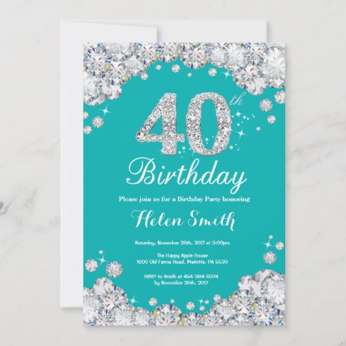 40th Birthday Invitation Teal and Silver Diamond