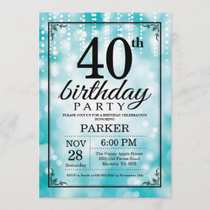 40th Birthday Invitation Teal Glitter