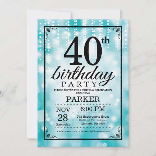 40th Birthday Invitation Teal Glitter