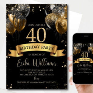 40th Birthday Invitation Template: Black Gold Ball